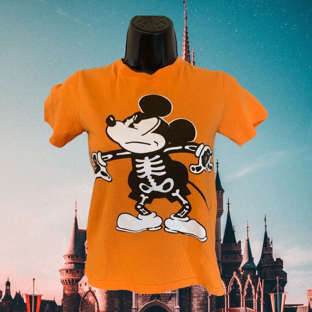 Disney Glow in Dark Orange Mickey Mouse Skeleton Halloween T-Shirt Kids S